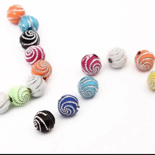 X10 perles acrylique spirales rondes 8mm, mix couleurs