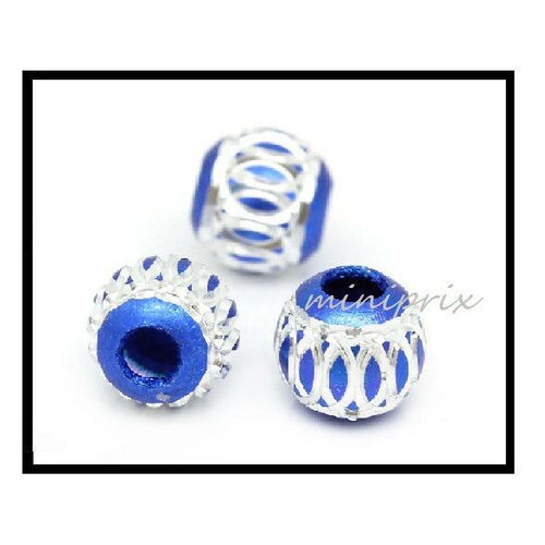 X 15 perles rondes bleu avec stries argentées 6mm