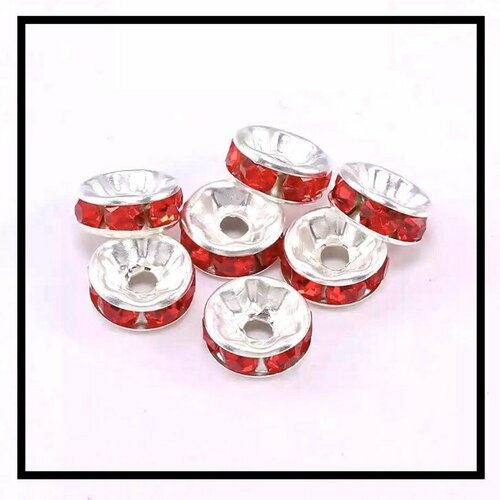 X 10 perles intercalaires rondelles strass rouge, métal argentées 10mm .