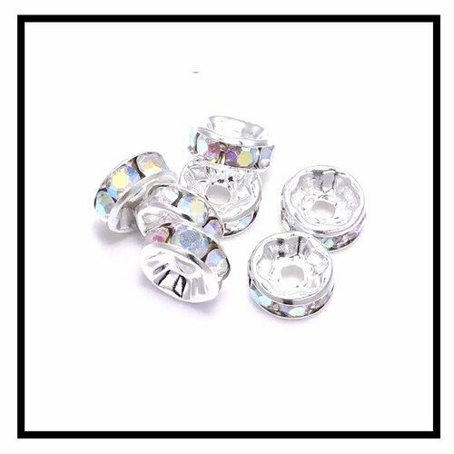 X 10 perles intercalaires rondelles strass blanc aurore, métal argentées 10mm .