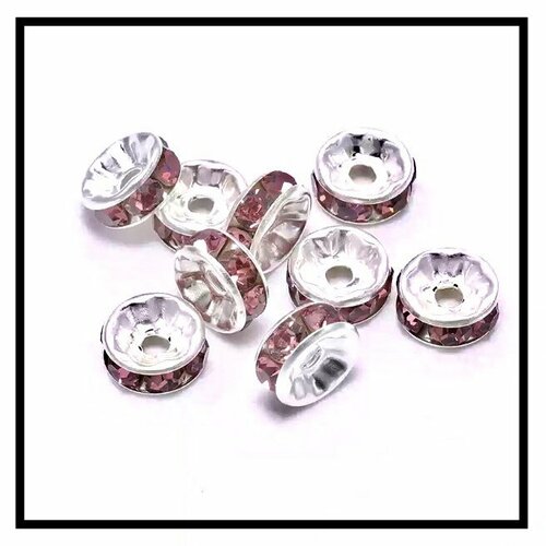X 10 perles intercalaires rondelles strass améthyste , métal argentées 10mm .