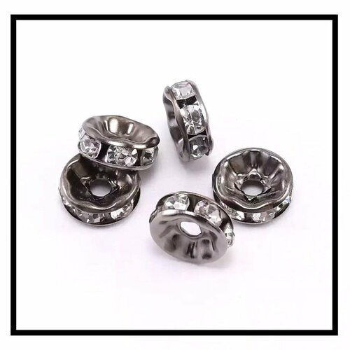 X 10 perles intercalaires rondelles strass blanc, métal noir  10mm .