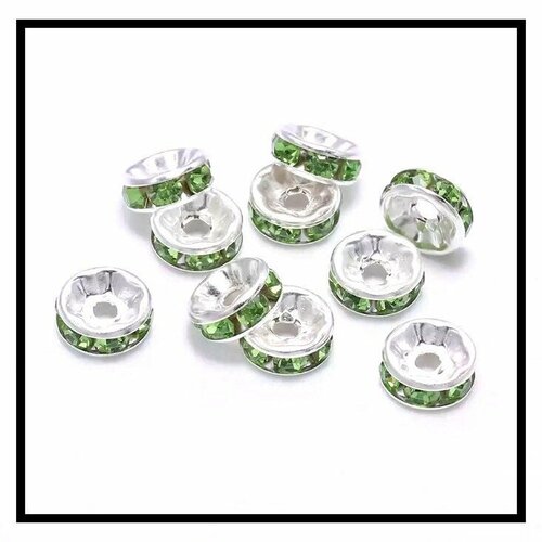 X 10 perles intercalaires rondelles strass vert, métal argentées 10mm .