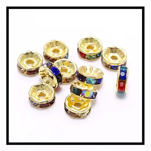 X 10 perles  rondelles  intercalaires doré  strass mutlticouleurs  10mm .