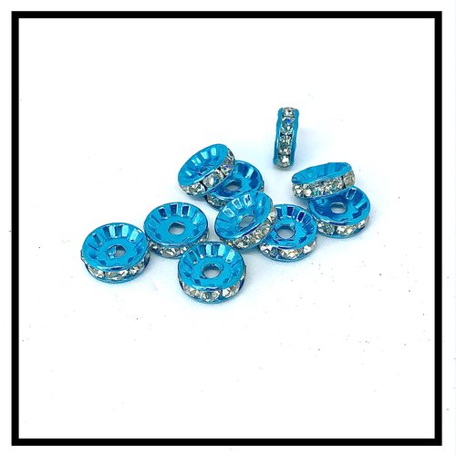 X 10 perles rondelles strass intercalaires bleu turquoise strass blanc   10mm .