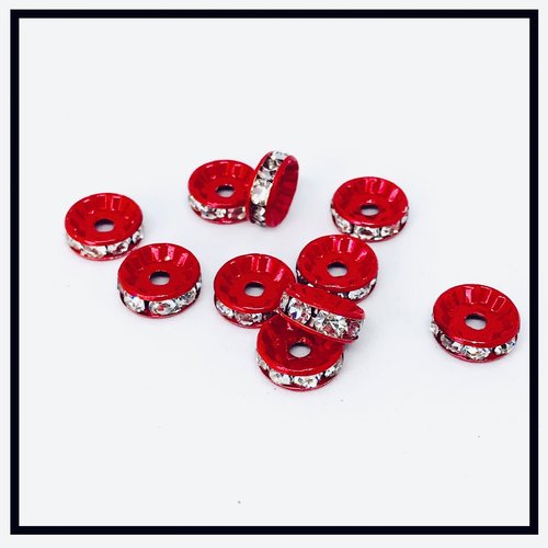 X 10 perles rondelles strass intercalaires rouge strass blanc   10mm .