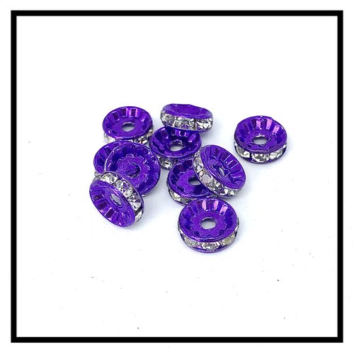X 10 perles rondelles strass intercalaires violet strass blanc   10mm .