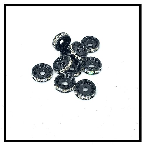 X 10 perles rondelles strass intercalaires noir strass blanc   10mm .