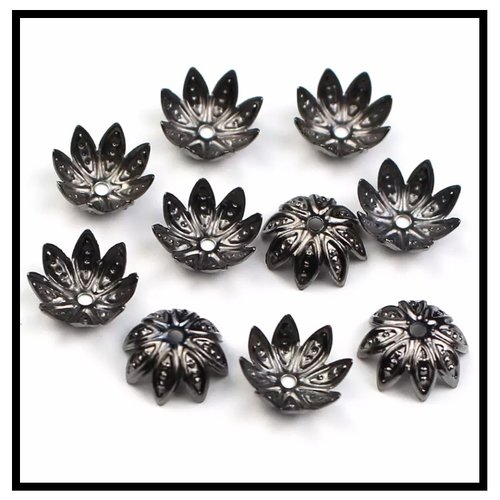 10pcs calottes, entretoises, coupelles pour perles fleur de lotus, en métal noir, 8mm à10mm.