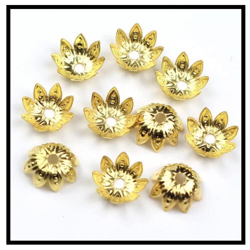 10pcs calottes, entretoises, coupelles pour perles fleur de lotus, en métal doré or, 8mm à10mm.