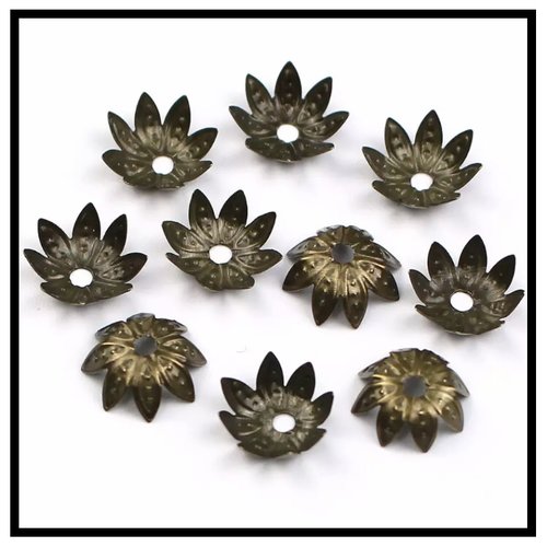 10pcs calottes, entretoises, coupelles pour perles fleur de lotus, en métal couleur bronze, 8mm à10mm.