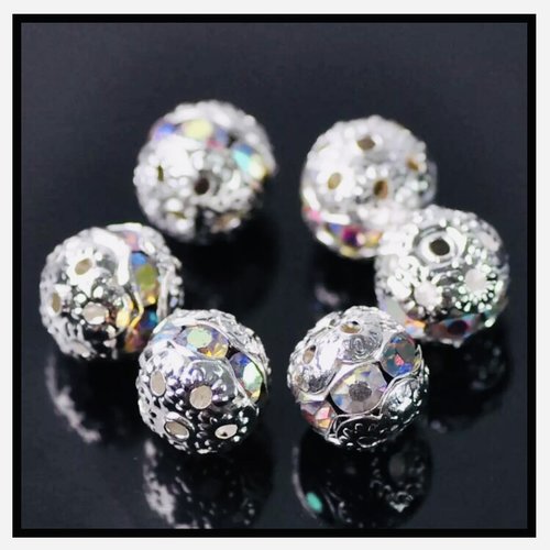 X10 perles rondes filigrane avec strass 6mm, 8mm ou 1omm.