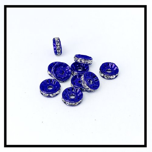 X 10 perles rondelles strass intercalaires bleu royal strass blanc   10mm .