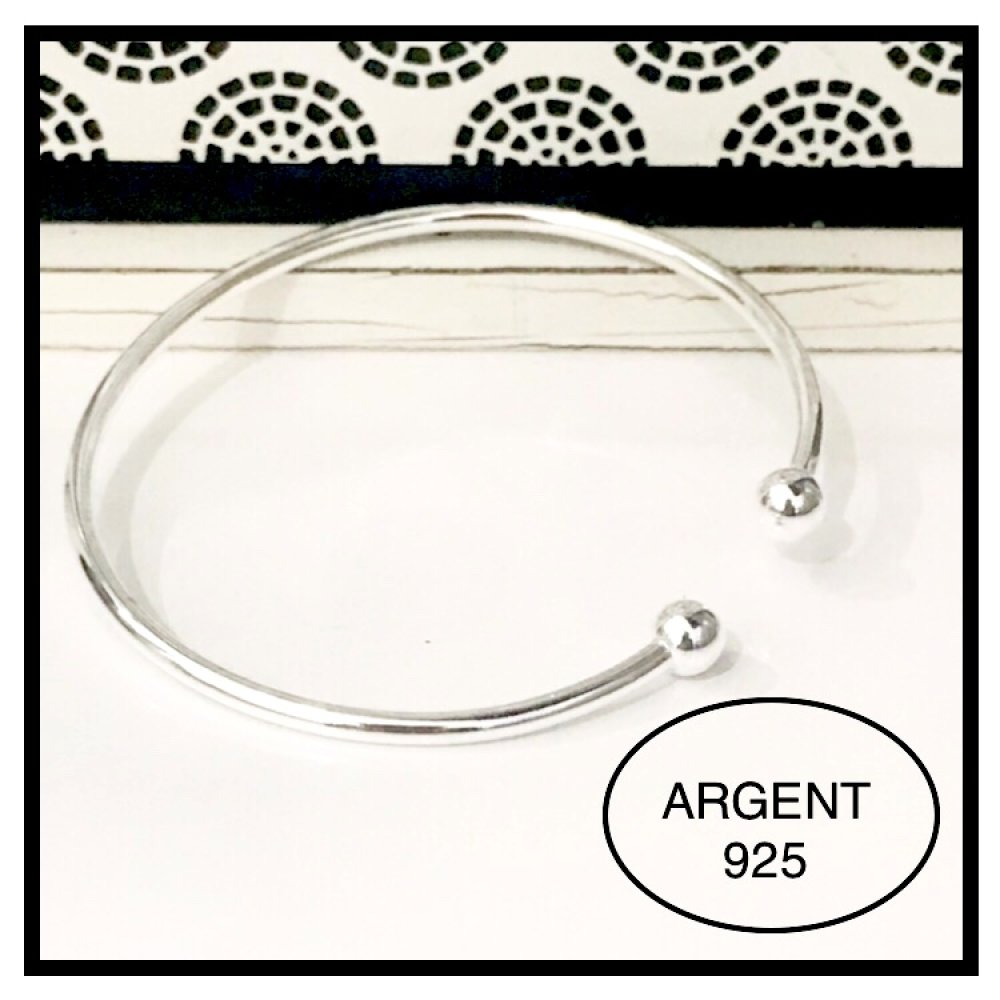 Bracelet jonc rigide rond ouvert Ajustable Plaqué Argent 925