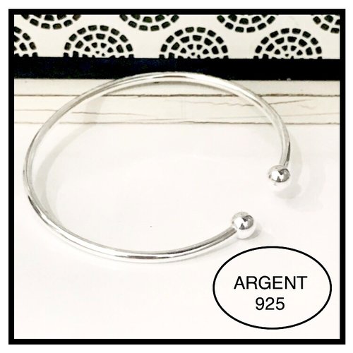 Bracelet jonc rigide rond ouvert Ajustable Plaqué Argent 925