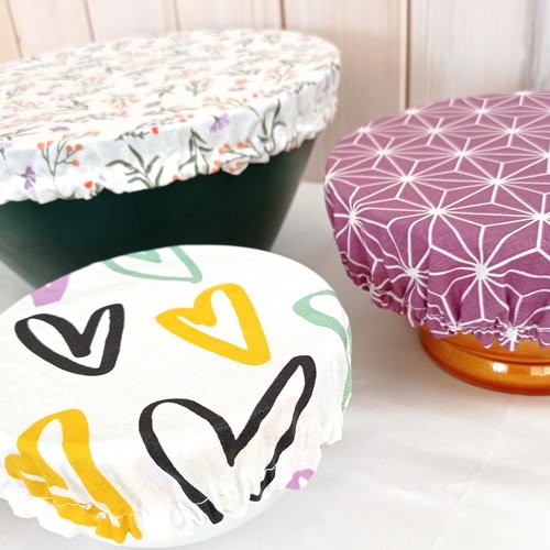 Lot de 3 charlottes en coton enduit pour plats ronds saladier bol plat à tarte motif coquillages zéro déchet