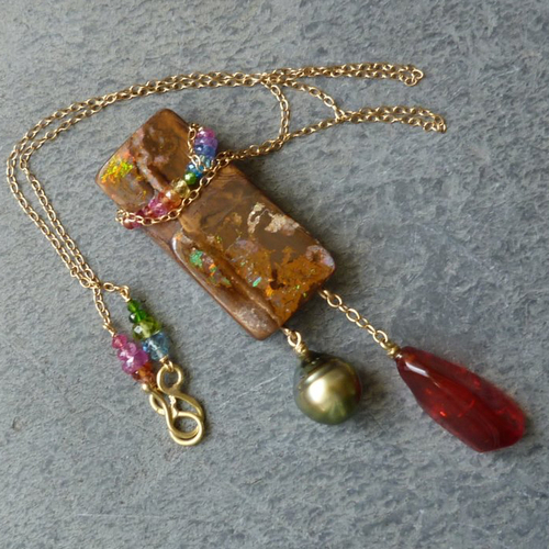 Collier or 18 ct, opale d'australie, pierres gemmes, perle de tahiti