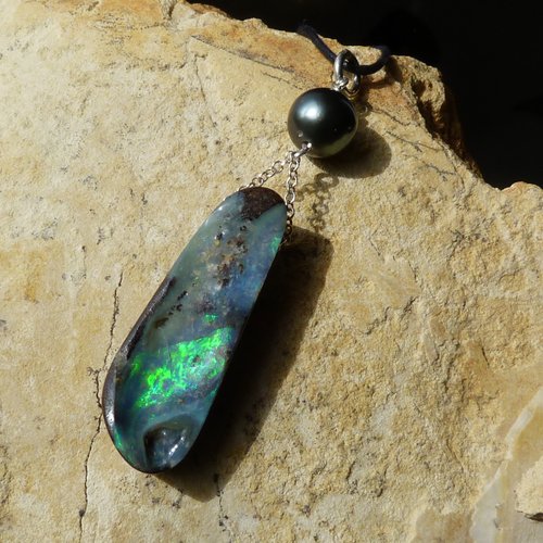 Pendentif argent 925, opale boulder d'australie et perle de tahiti