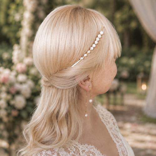 Outil de coiffure en laiton et perles naturelles – serre-tête inversé – bijou cheveux mariage