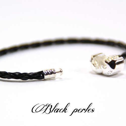 Bracelet style pandora en cuir tressé noir, 18cm, pour perle à grand trou, fermoir à clip - b15