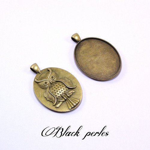 Support cabochon pendentif ovale 40x30mm, motif hibou, bronze antique x1- 30x40-2