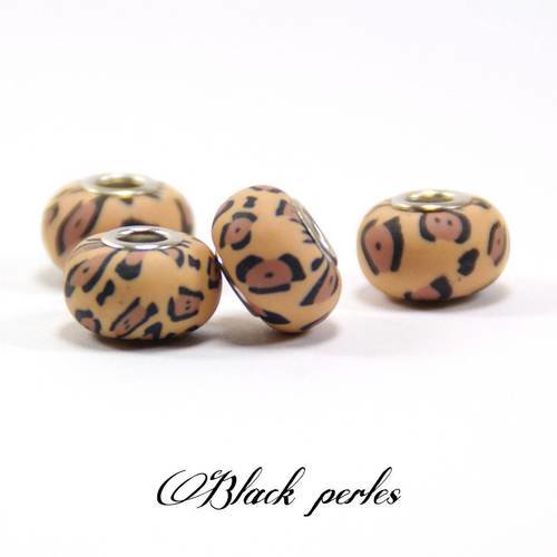 Perle style pandora, à grand trou 5mm, en pâte polymère fimo, léopard marron - f21 