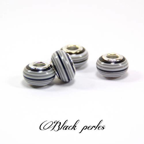Perle style pandora, grand trou 5mm, acrylique, rayée, noire et blanche- ppa32 