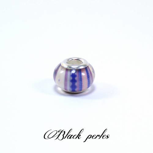 Perle style pandora, grand trou 5mm, acrylique, rayée- ppa25 bleu 