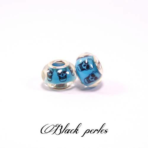 Perle style pandora, grand trou 5mm, acrylique, bleu noir, tête crane de mort- ppa15 bleu