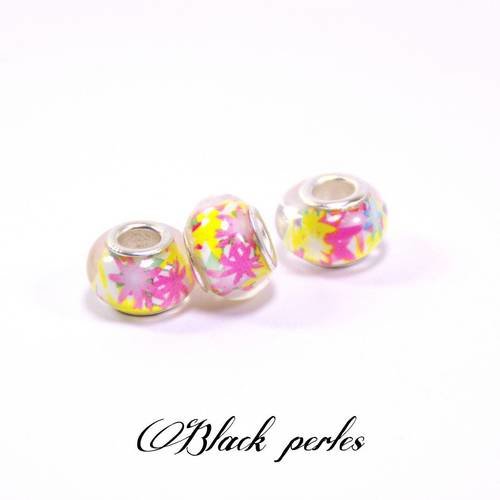 Perle style pandora, grand trou 5mm, en acrylique, blanche à fleurs - ppa1 