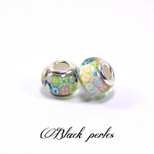 Perle style pandora, grand trou 5mm, acrylique, motif patchwork- ppa3 blanc 