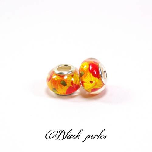 Perle style pandora, grand trou 5mm, acrylique, fleurs coquelicot rouge marguerite jaune- ppa4 