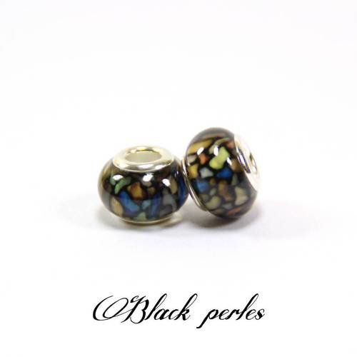 Perle style pandora, grand trou 5mm, acrylique, noir à motifs - ppa9 