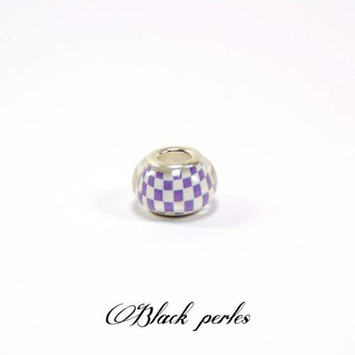 Perle style pandora, grand trou 5mm, acrylique, blanche et violette, carreaux- ppa13 blanc 