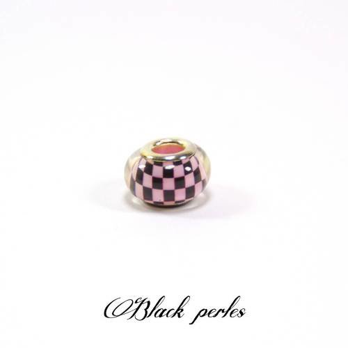 Perle style pandora, grand trou 5mm, acrylique,noire et rose, carreaux- ppa13 noir 