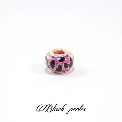 Perle style pandora, grand trou 5mm, acrylique, rose noire, coeurs- ppa14 rose 