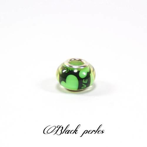 Perle style pandora, grand trou 5mm, acrylique, verte noire, coeurs- ppa14 vert 