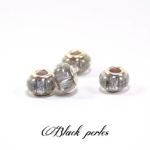 Perle style pandora, charm avec rayures, en acrylique, grise claire - a30 