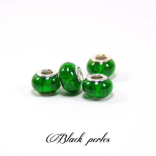 Perle style pandora, européenne à grand trou 5mm, rayures, en acrylique, verte foncée- a36 