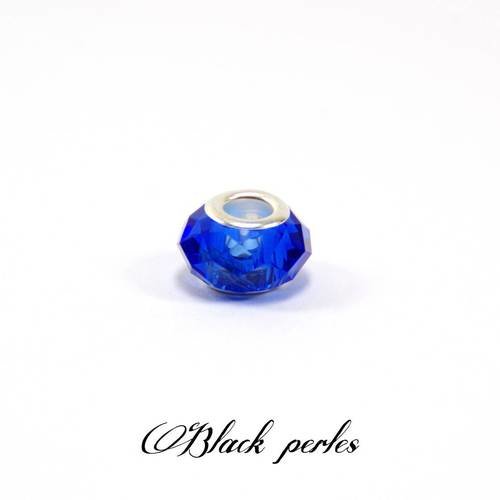 Perle style pandora, grand trou 5mm, bleue roi à facettes en verre et métal - ppfv5 