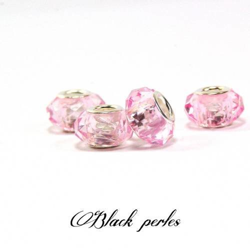 Perle style pandora, européenne à grand trou 5mm, facettes, en plastique, rose claire transparente- ppfp6 
