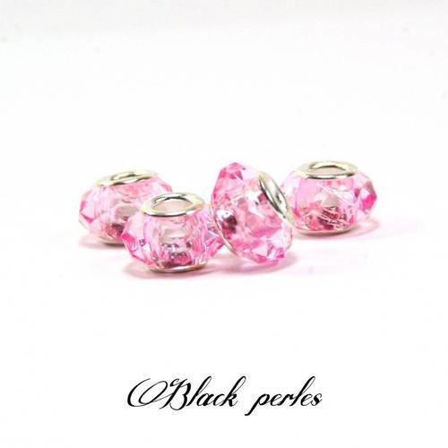 Perle style pandora, européenne à grand trou 5mm, facettes, en plastique, rose transparente- ppfp8 