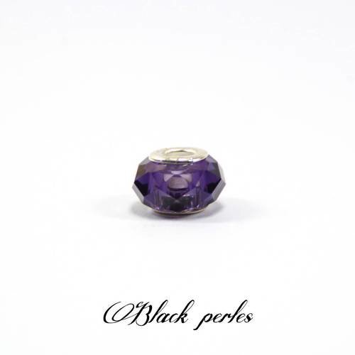 Perle style pandora, grand trou 5mm, violette à facettes en verre et métal - ppfv12 