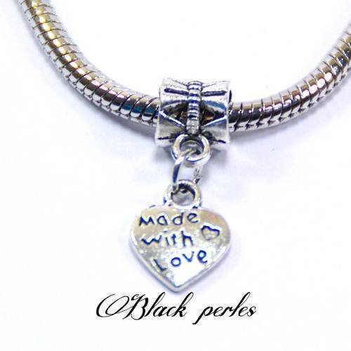 Perle style pandora pendentif charm coeur écrit "made whith love"- p44 