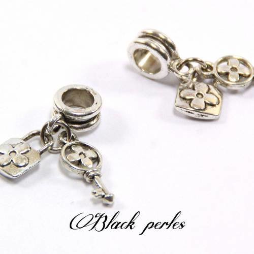 Perle style pandora pendentif charm clé + cadenas en métal- p52 