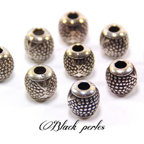 Perle style pandora, avec petits points, en acrylique, couleur argent x5- a21 