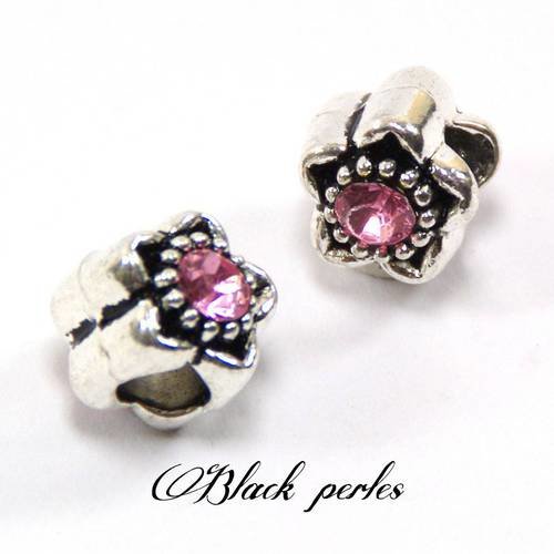 Perle charm style pandora, en métal avec fleurs, et strass rose transparent - m101 
