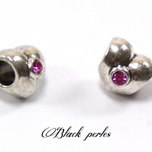 Perle charm style pandora, coeur en métal, avec strass rose transparent - m86 