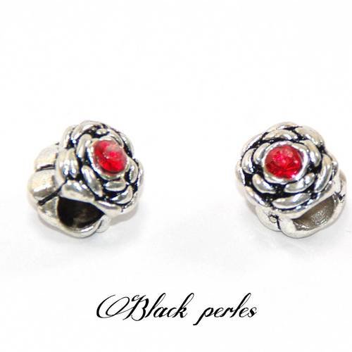 Perle charm style pandora, en métal avec fleurs, et strass rouge transparent - m73 