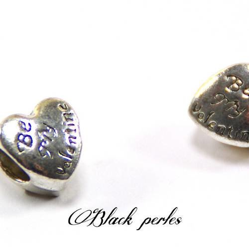 Perle style pandora charm coeur écrit "be my valentine" en métal plaqué argent- m45 